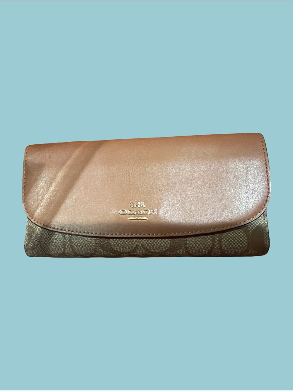 Coach Brown Signature Canvas & Leather Fold-Over Wallet with Gold Logo
